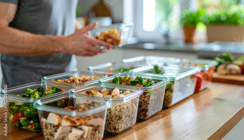 Man stacking organized healthy food meal prep containers high resolution photo