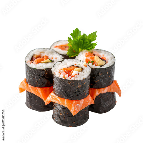 Delicious Salmon Sushi Rolls Served With Fresh Ingredients and Garnished With...