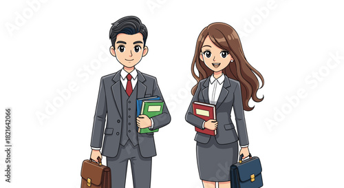 Professional Business Team Ready for Success: Two Smiling Professionals Hold Briefcases & Documents, Prepare for Corporate Presentation in Modern Office, Illustrating Teamwork & Strategy,  for Marketi
