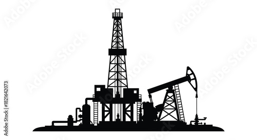 Oil rig and pumpjack machinery against a white background silhouette