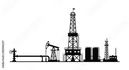 Oil rig and industrial complex landscape in a stark black silhouette