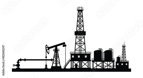 Oil rig and refinery complex against a white background silhouette