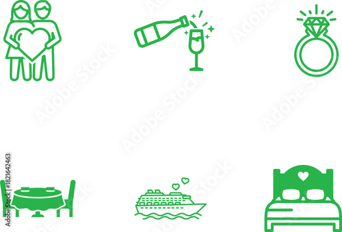 Romantic Getaway Icons in Green Outline Style Showcasing a Couple in Love and an Engagement Ring Along with Champagne and Luxurious Travel Representing Honeymoon Experiences