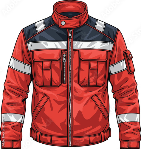 Red Emergency Medical Technician Jacket Illustration Displayed on White Background: Highlighting First Responder Gear for Healthcare, Safety Presentations, and Uniform Design Mockups, Ideal for Parame