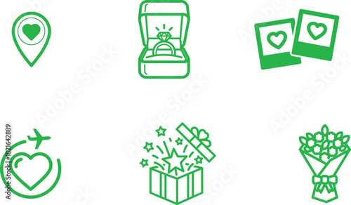 Romantic Icons Set for Love themed Designs featuring gifts flowers and travel locations perfect for wedding anniversaries or Valentines Day designs and celebrating relationships