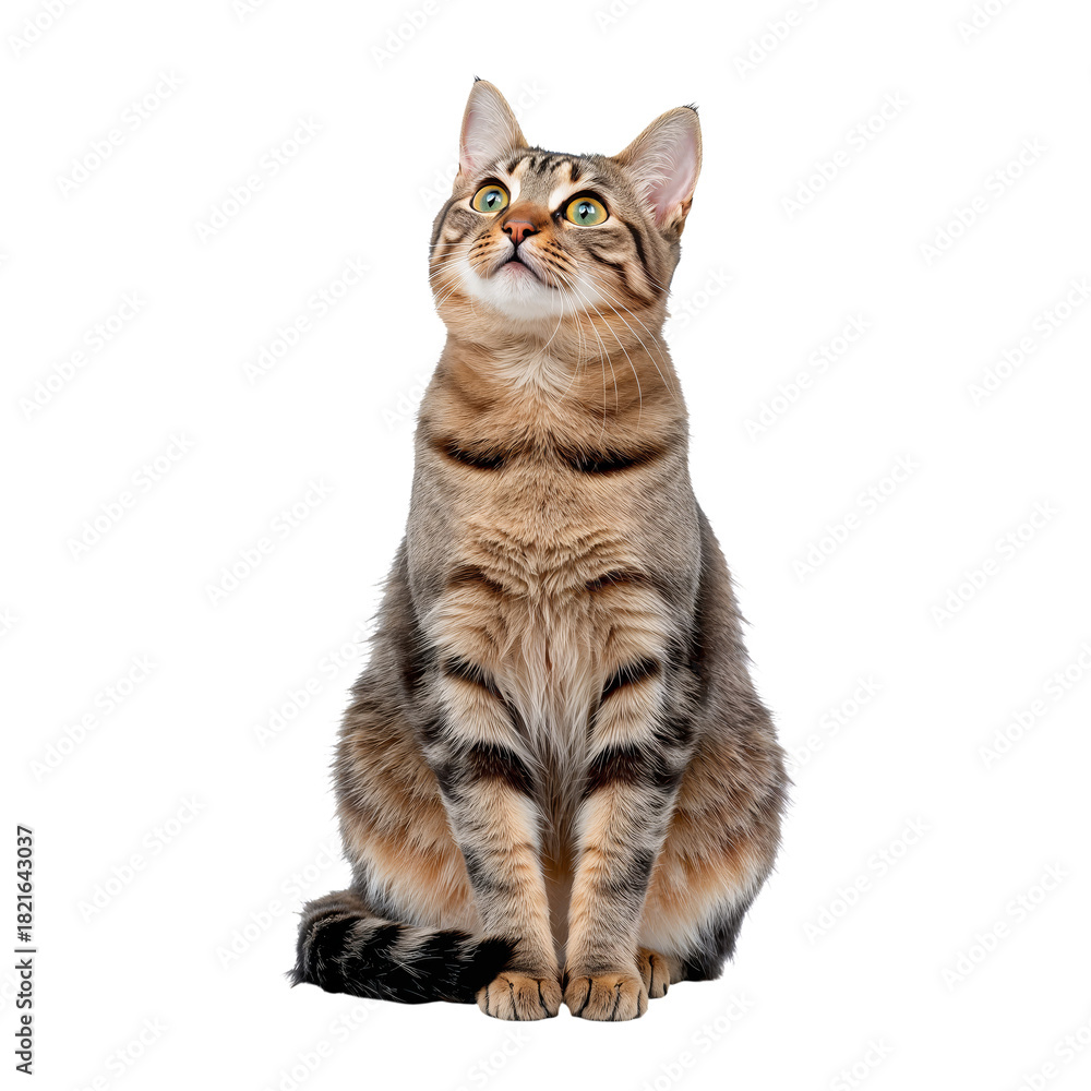 Fototapeta premium Striped Cat Sitting Calmly and Gazing Upward in a Bright Setting During the Day