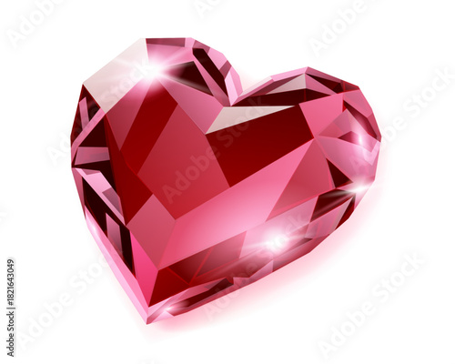 Illustration of a red heart-shaped gemstone with facets and sparkles on a white background.