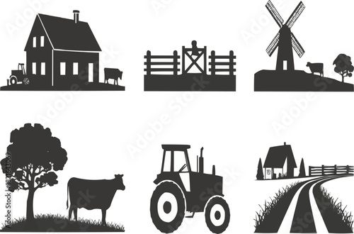 Charming rural life showcases a farm, windmill, tractor, and grazing cows, perfect for illustrating agricultural themes and countryside serenity in a modern, appealing style