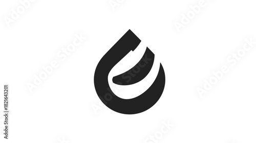 Abstract black water droplet icon with dynamic internal curves on white background, modern minimalist graphic element design concept