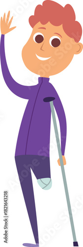 A boy with a cast on his leg is waving
