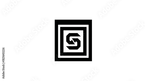 Modern abstract geometric logo with stylized letter S or G in nested squares, black and white minimal design element