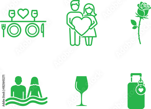 Romantic Vacation Icons Set Representing Love and Travel Experiences for Couples Celebrations Including Dining Rose and Swimming plus Holiday Trip Luggage