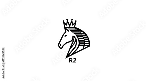 Elegant Black and White Stylized Horse Head Graphic Design with Royal Crown and Alphanumeric Text Illustration, Majestic Equestrian Symbol