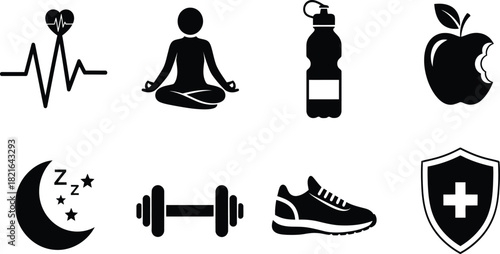 Health and wellness icons representing a healthy lifestyle and wellbeing