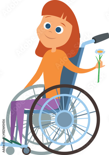 A girl in a wheelchair is holding a flower