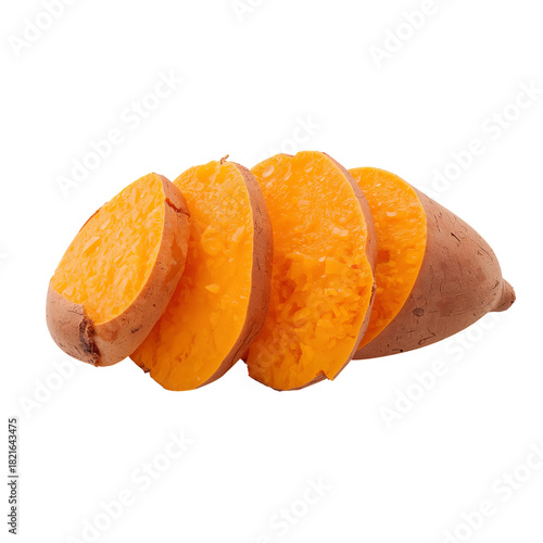 Fresh Sweet Potato Sliced Revealing Vibrant Orange Interior on Plain Background