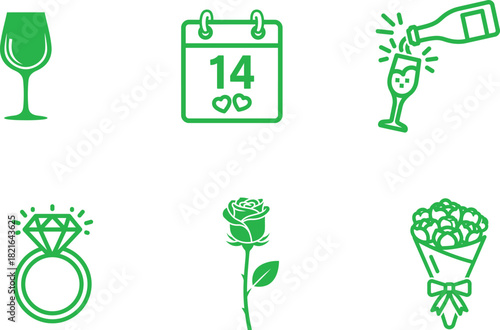 Valentines Day celebration set with wine glass calendar champagne bottle diamond ring rose and bouquet of flowers in green outline style vector illustration romantic holiday gifts for girlfriend