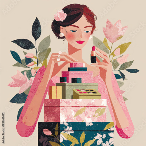 Layered paper-cut illustration of a woman arranging skincare and makeup boxes, showing elegance, beauty care, and feminine routine. Vector illustration