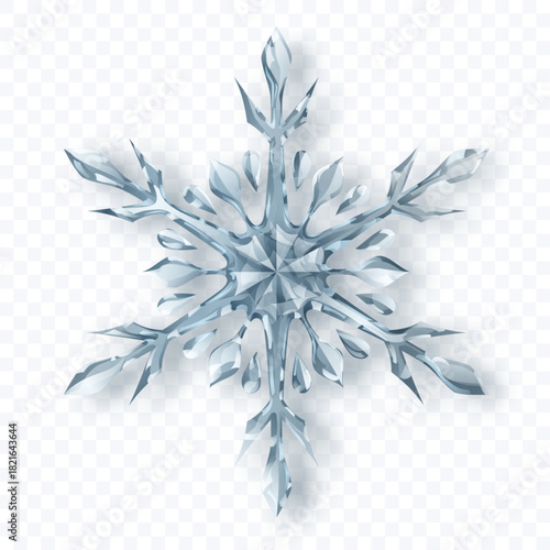A complex snowflake with crystalline facets in shades of silver and white with soft shadow on a transparent background. Transparency only in vector format.
