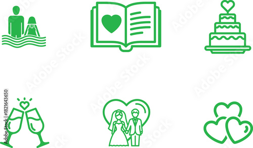 Set of Wedding Icons Representing Ceremony and Celebrations with Bride Groom Cake Champagne Hearts and Book of Vows in Green
