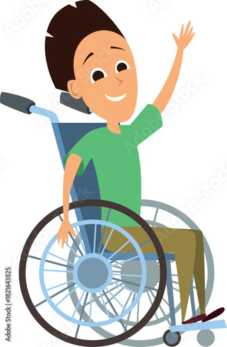 A boy in a wheelchair is smiling and waving