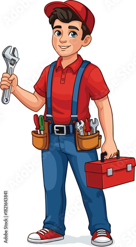 Cheerful Cartoon Plumber Fixing Plumbing Leak, Holding Adjustable Wrench, Repairing Fixtures in a Home, Professional Service, Handyman Smiling with Toolbox, Home Maintenance, Occupation Illustration,