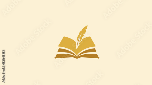 Golden open book with a classic feather quill pen icon on a light background, representing learning, education, writing, and wisdom.