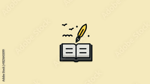 Modern Flat Design Icon of an Open Book with a Quill Pen Writing, Representing Creative Writing, Storytelling, and Education