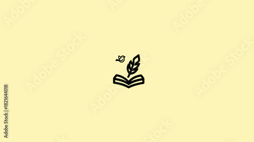 Minimalist Line Art Icon of an Open Book with Feather Quill Pen and Flying Bird Symbolizing Education, Knowledge, and Creativity