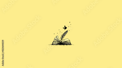 Vintage style illustration of an open book, quill, and butterfly on a yellow background, symbolizing creativity, knowledge, and imagination.