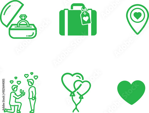 Wedding and honeymoon theme vector illustration features a diamond ring proposal scene travel suitcase location pin heart shaped balloons and a solid heart symbol expressing love