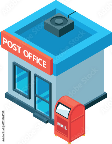 A post office building with a red mailbox in front of it