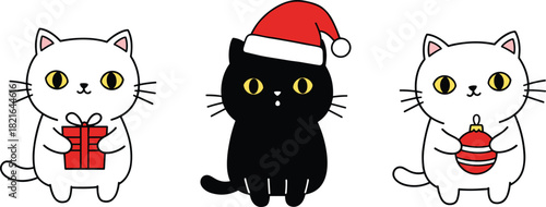 Christmas cat trio with Santa hat, gift and ornament, festive holiday illustration set, whimsical artwork, cad drawing flat vector design
