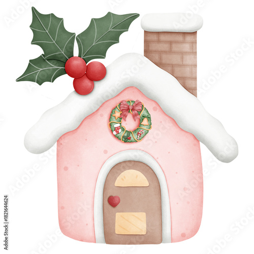 Festive snowy gingerbread house adorned with wreath and holly