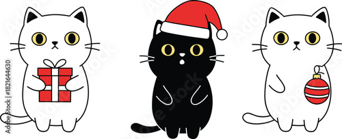 Christmas cat trio with Santa hat, gift and ornament, festive holiday illustration set, whimsical pet artwork, cad drawing flat vector design