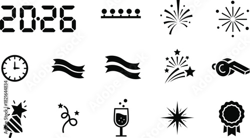 Festive black and white icon set for new year 2026 celebration