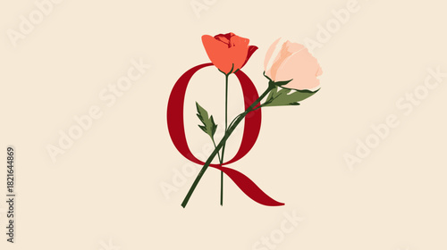 Elegant floral letter Q with red and pink flowers. Decorative botanical alphabet initial for monograms and wedding designs.