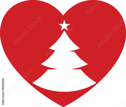 Christmas heart with tree and star silhouette, festive holiday love symbol illustration, seasonal celebration artwork, cad drawing flat vector design
