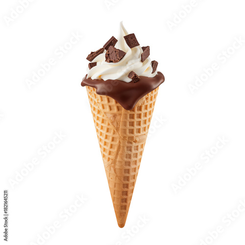 Delicious Ice Cream Cone With Chocolate and Toppings Against a White Background
