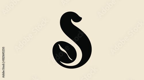 Modern black silhouette logo combining a stylized letter S with a coffee bean, on a minimalist beige background. Creative coffee shop emblem.