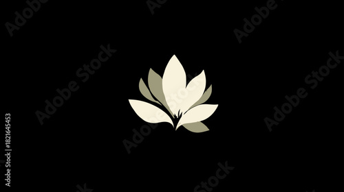 Minimalist stylized lotus flower icon on black background. Elegant graphic symbol for nature, wellness, spa, beauty, growth, spiritual concepts.