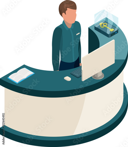 A man stands behind a counter with a computer and a keyboard