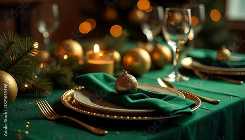 Elegant Christmas dinner table setting with gold ornaments, glowing candles, and emerald green decor creates a festive, warm atmosphere