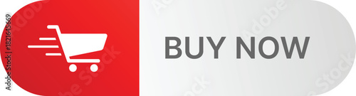 Red shopping cart icon with motion lines next to grey BUY NOW text buy now e commerce