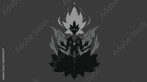 Stylized monochromatic illustration of a spiritual being meditating, surrounded by glowing energy and stylized flames on a dark background.