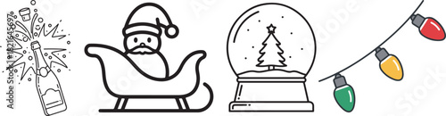 Festive Outline Illustrations: Champagne, Santa, Snow Globe, Christmas Lights