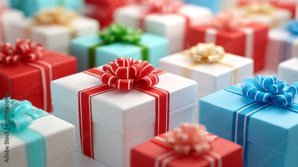 Obraz premium A row of colorful boxes with red bows on them. The boxes are of different sizes and colors, including white, blue, and red. Concept of joy and celebration
