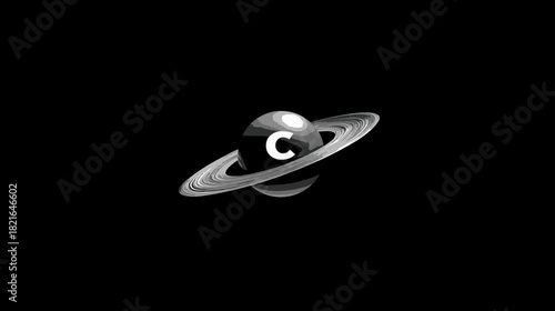 Minimalist grayscale illustration of a ringed planet with the letter C on its surface, isolated on a black background, space concept