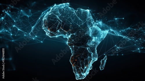Abstract Digital Representation of Africa with Network Connections and Data Streams on Dark Background for Technology and Innovation Themes