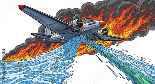 Vintage Airplane Drops Water on Forest Fire: Aerial Firefighting Mission Combats Wildfire in Burning Landscape, Conceptual Illustration for Disaster Relief and Emergency Response, Modern Graphic Style